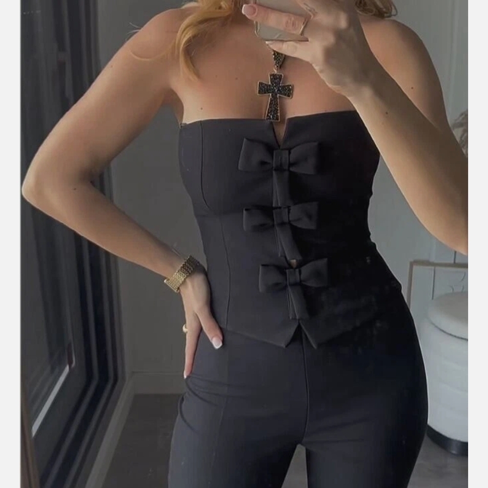 Zara Black Bow-Detail Strapless Jumpsuit